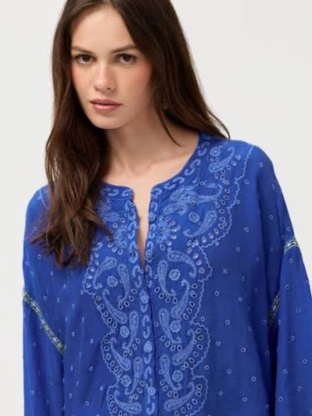 JOHNNY WAS Embroidered Ella Blouse Admiral Blue Eyelet Tunic Sz L